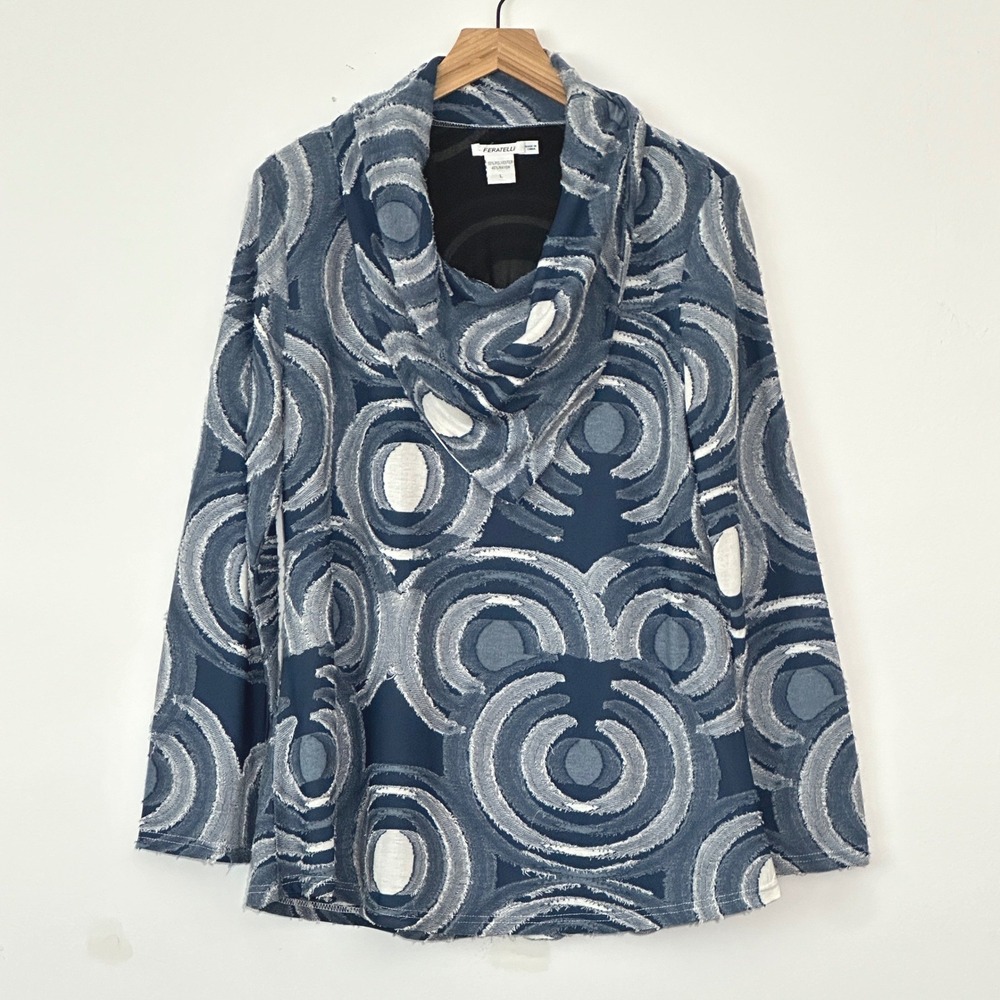 Retro 70s Womens Top L Blue Gray Cowl Soft Knit Tunic Mod Boho Artsy Lagenlook